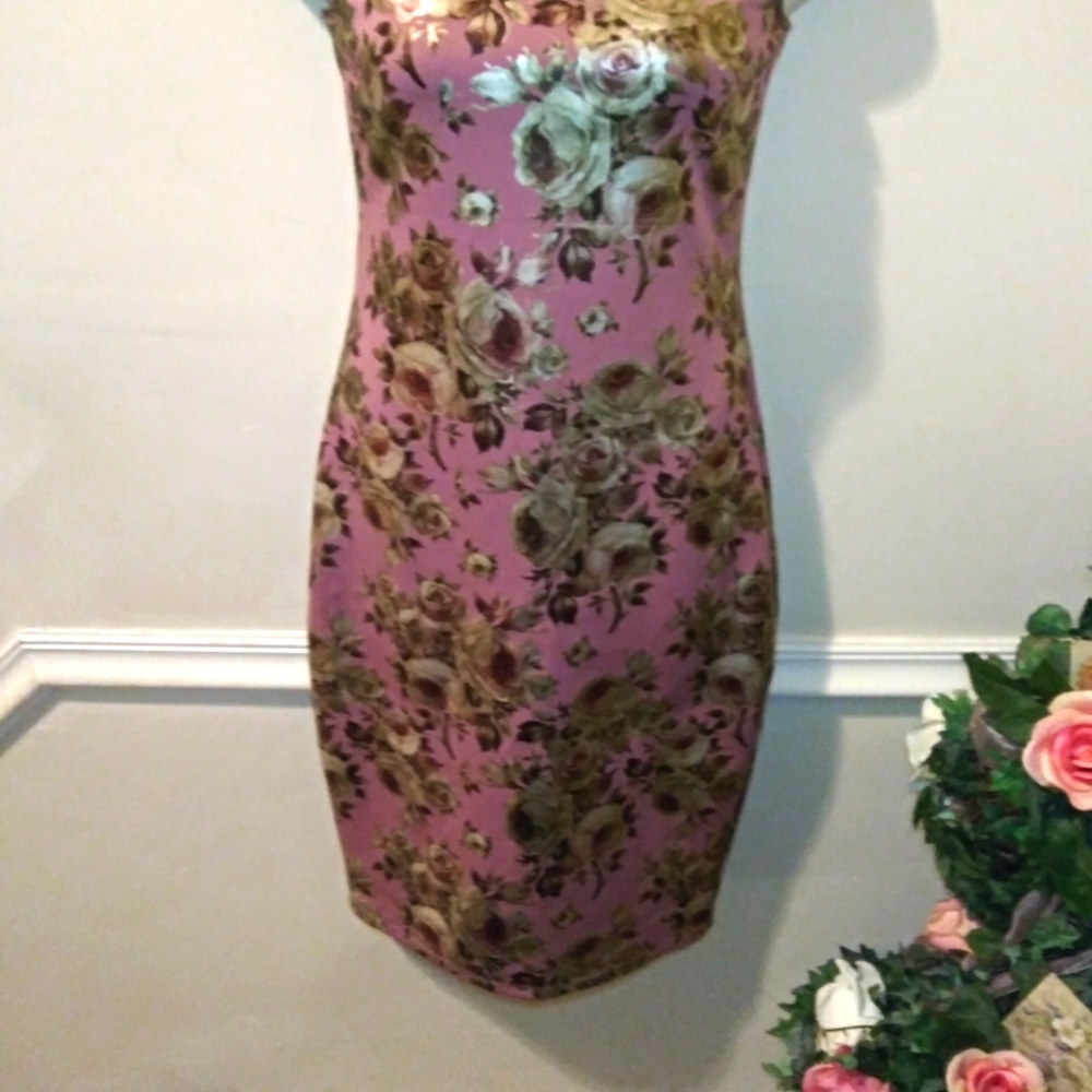 Olivia Matthews Sexy Mauve & Gold Floral Print Bodycon Sheath Dress - Picture 3 of 11